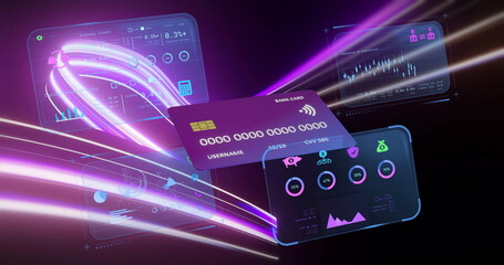 Poster - Floating purple bank card gliding through financial panels in virtual interface, with neon trails