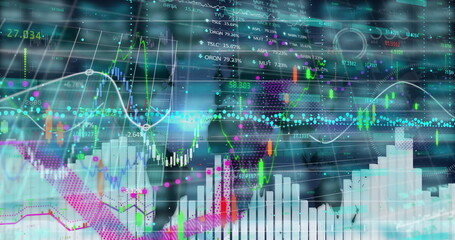 Poster - Displaying composite financial data on trading interface, with candlestick charts, line graphs