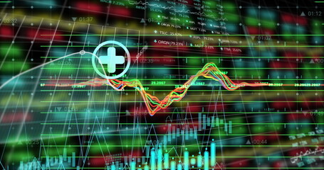 Poster - Showing circular plus icon over data grid on trading dashboard, with candlestick bars, line graphs