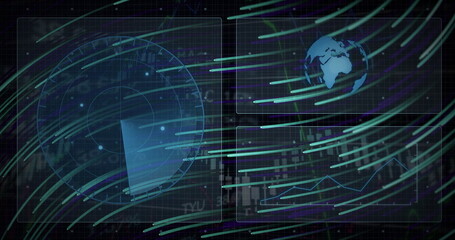 Poster - Displaying circular radar scanning in console, with Earth globe, chart panels and streaming lines