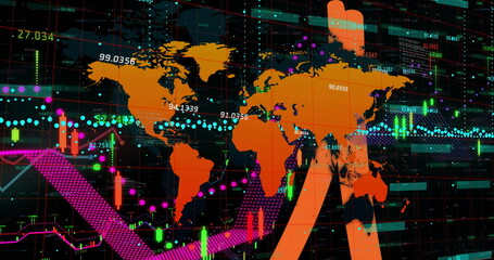 Poster - Displaying world map overlaying market data on dashboard, with candlesticks, trend lines and arrows