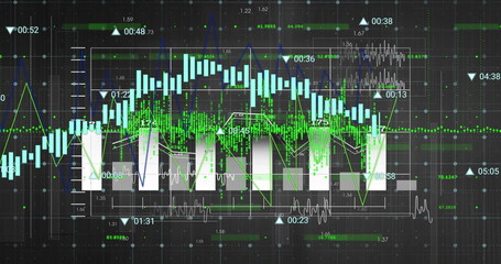 Poster - Displaying data chart on analytics dashboard, with green bars, blue line graph and grid overlay