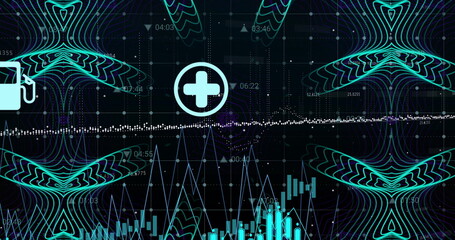 Poster - Showing central plus icon on dashboard with dotted trail, waveforms, bar charts and timestamps