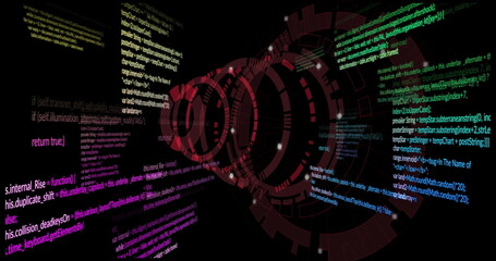 Poster - Rotating red circular interface hovering in cyber dashboard, with floating code and glowing nodes
