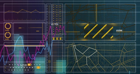 Poster - Displaying analytics interface panels on grid backdrop, with line charts and circular gauges