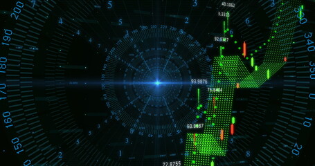 Poster - 3D candlestick arrow pointing upward in interface with radial grid and numeric readouts, copy space
