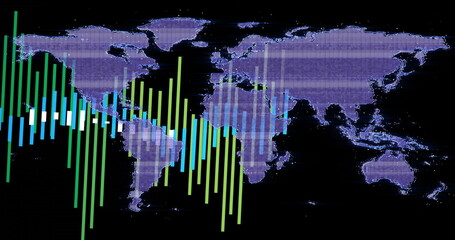 Poster - Displaying world dot map with gridlines on panel, featuring green, light-green, blue and white bars