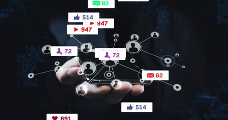 Poster - Hand wearing suit holding smartphone at center, projecting holographic icons with metrics in studio