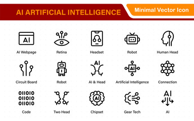 Fototapete - Set of Ai artificial intelligence icon set vector collection. AI Essentials line Icon collection, artificial intelligence icon set in line style, machine learning, smart robotic Free Vector
