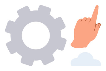 Poster - Gear icon, pointing hand, and cloud shape conveying themes of technology, settings, interaction, connectivity, innovation, cloud computing and system development. Minimal and simple flat metaphor