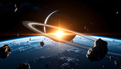 Wall Mural - ringed planet with icy surface and glowing sun in space with floating asteroids creating dramatic co