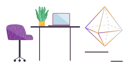Poster - Workspace setup with a purple chair, sleek desk, laptop, potted plant, and a geometric prism. Ideal for productivity, creativity, minimalism design technology innovation and balance. Simple flat