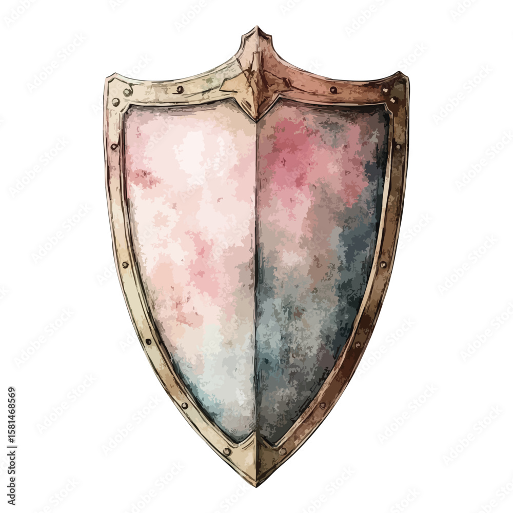 Shield with a gold border and a pink center. The shield is old and worn ...