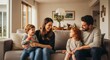 © luwie - A family of four sitting on a couch in a living room with natural light and a painting on the wall