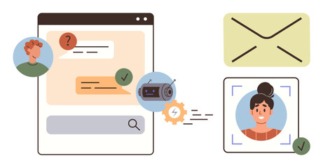 Poster - Chat window with messages and search bar, email envelope, AI robot icon, scanning profile image. Ideal for technology, communication, automation, security AI messaging efficiency. Simple flat