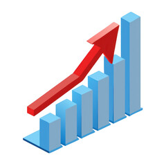 Poster - Isometric 3d bar chart with red upward arrow isolated on transparent background