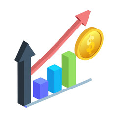 Poster - Isometric financial graph with rising arrow and gold coin isolated on transparent background