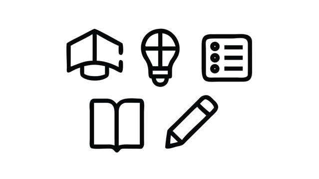 Education & Learning Monoline Outline Icon Set. Minimalist Line Art Symbols for School & E-learning