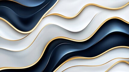 Leinwandbilder - Elegant Abstract Waves in Navy, White, and Gold for Sophisticated Background