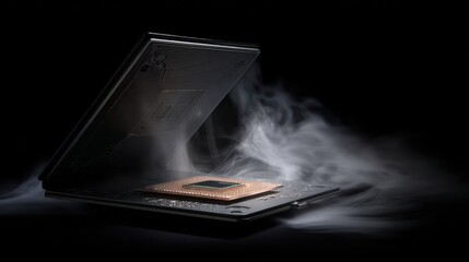 Poster - A cutting-edge laptop showcasing advanced technology, with vapor emanating, set against a dark backdrop.