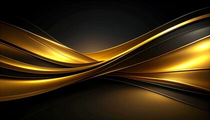 Poster - Luxury 3D abstract background with dynamic golden waves and metallic lines on a sophisticated dark black surface. Elegant wallpaper design.