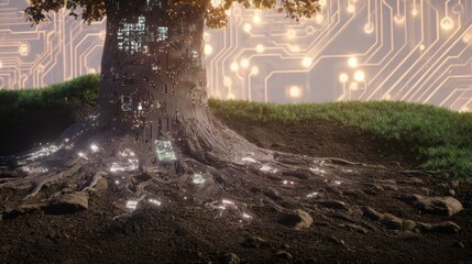 Fototapete - A tree with glowing lights intertwined in a modern landscape, evoking the concept of technology and nature's convergence.
