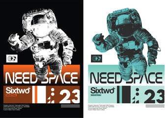 Fototapete - Astronaut in Space: A striking, futuristic illustration captures an astronaut with the bold text Need Space, a digital art concept and a sense of cosmic wonder.
