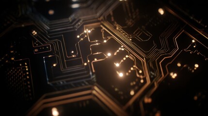 Poster - Intricate network of a computer circuit board, illuminated by glowing lights, a mesmerizing display of modern technology and advanced microelectronics.