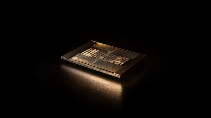 Poster - A detailed macro shot of a cutting-edge, rectangular computer microchip, showcasing intricate internal structures and technological advancement.