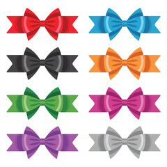 Collection of eight colorful ribbon bows in a grid layout on white background