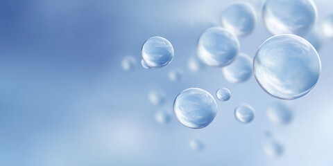 Poster - Transparent water droplets suspended in the air against a soft blue background, creating a serene and calming atmosphere, ideal for nature and purity themes