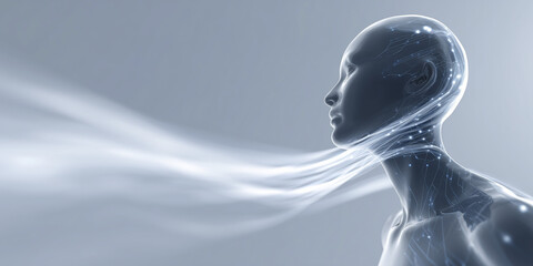 Poster - Futuristic humanoid figure with a translucent appearance, surrounded by flowing light trails, representing the concept of artificial intelligence and digital transformation in a modern context