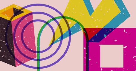 Poster - Colorful geometric shapes animation. Object in trendy riso graph design. Geometry elements abstract risograph texture style video.