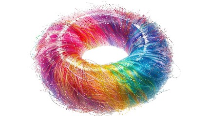 Aufkleber - Vibrant Abstract Ring with Colorful Fibers and Sparkling Particles on White Background