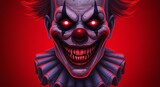 Terrifying clown with glowing red eyes and menacing sharp teeth on a red background.