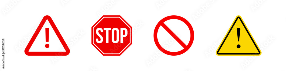 Collection of common warning and prohibition signs including stop and ...