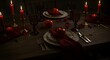 © Health+Food+Travel - Antique gothic table setting with red candles, red food, dark vintage decorations to create a dramatic and atmospheric dining scene