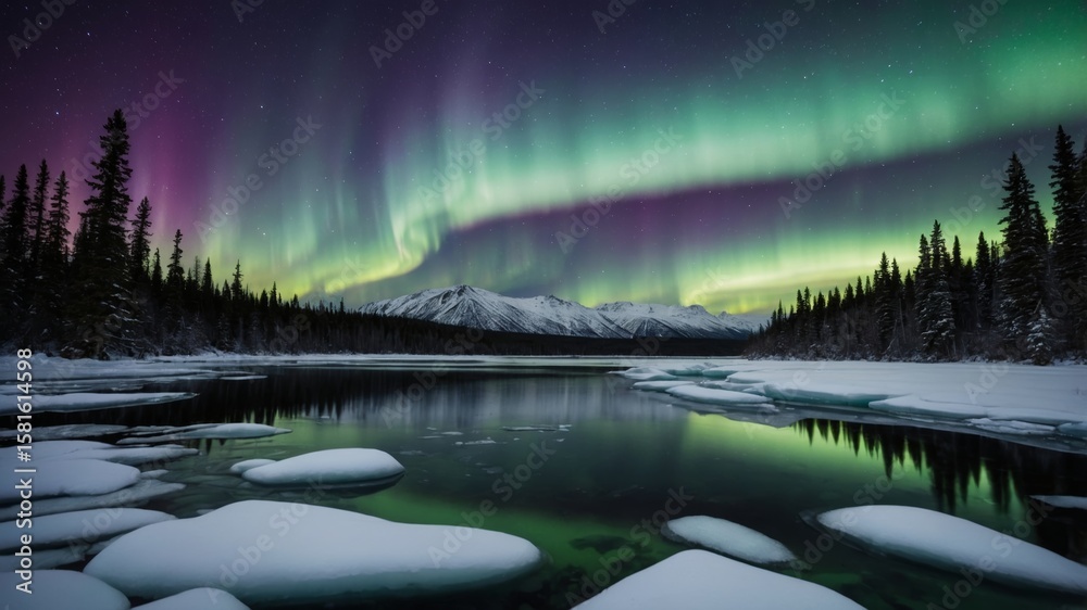 Solar Maximum Aurora Borealis Over Frozen Alaskan Lake Night Sky Stock ...