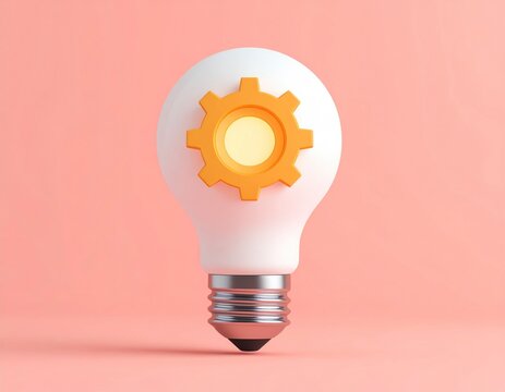 Bright White Lightbulb with Yellow Gear Inside and a Pink Background Represents Business Innovation Isolated Background