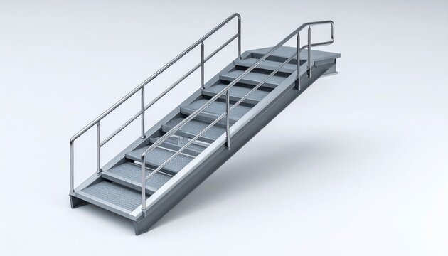 Detailed 3D Rendering Of A Silver Metal Wheelchair Ramp With Rails In Elevated Perspective Isolated Background