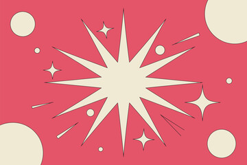 Poster - Illustration of a starburst with circles and star shapes on a pink background with beige shapes design