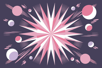 Poster - Abstract pink and white starburst with orbiting spheres on a dark purple background design style art