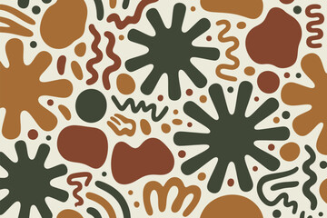 Poster - A seamless pattern with abstract shapes in brown and green on a light beige background with different sizes