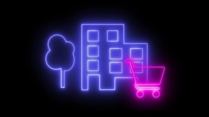Aufkleber - Neon light effect animation of a building icon with a shopping cart, black background
