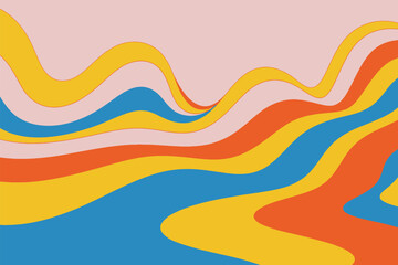 Poster - Wavy abstract background with curved shapes in vibrant retro colors of yellow, blue, orange, and pink for design projects.
