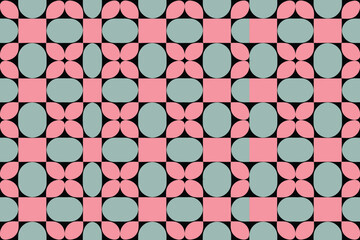 Poster - Geometric pattern with squares, circles, and flower shapes in pink, light blue, and black creates an appealing tile design.