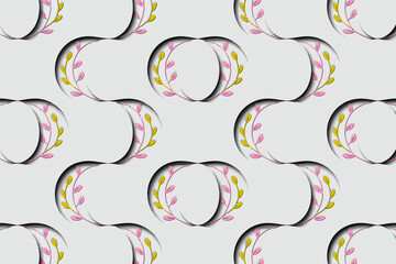 Poster - Seamless design with pink and yellow leaves arranged in a flowing botanical pattern on a light gray backdrop.