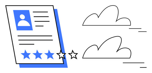 Poster - Customer profile card with image, text, five-star rating, and clouds representing digital sharing. Ideal for reviews, online profiles, testimonials, feedback, rating systems customer satisfaction