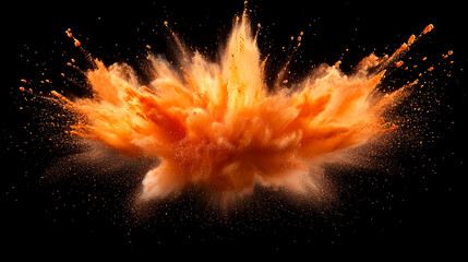 Poster - An orange powder explosion with particles scattered against a stark black background in a dynamic display