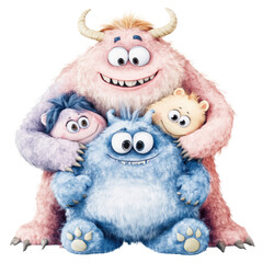 Poster - Colorful friendly monster characters with big eyes and wide smiles in playful family style pose